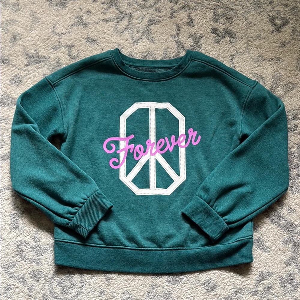 Girl’s Cat & Jack Teal Sweater with Peace Sign and Pink 'Forever'